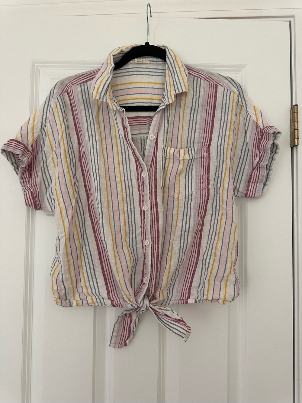 beachlunchlounge Striped Tie-Front Button Shirt - White, Red, Yellow, Blue